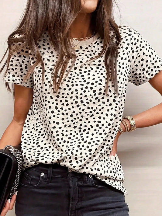 Pariaura Women's Summer Allover Print Round Neck Short Sleeve Casual T-Shirt Graphic Tees Women Tops