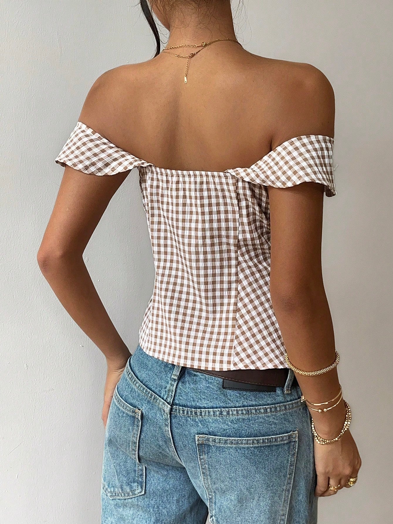 PariChic Women's Elegant Gingham Off Shoulder Crop Top,Side Drawstring Ruched Slim Fit Blouse,Fitted Top For Summer Streetwear,Casual Dates And Daily Matching