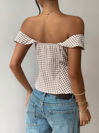 PariChic Women's Elegant Gingham Off Shoulder Crop Top,Side Drawstring Ruched Slim Fit Blouse,Fitted Top For Summer Streetwear,Casual Dates And Daily Matching