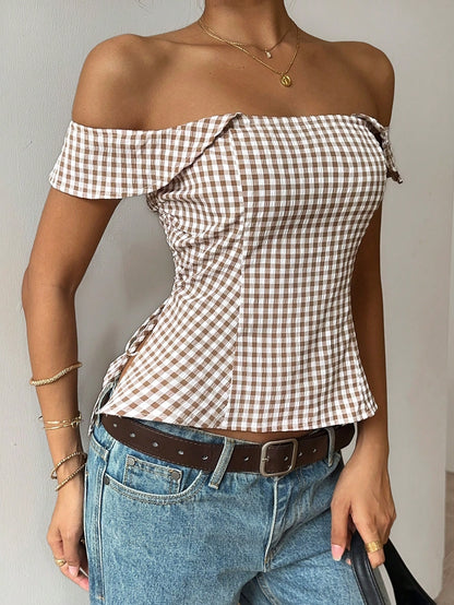 PariChic Women's Elegant Gingham Off Shoulder Crop Top,Side Drawstring Ruched Slim Fit Blouse,Fitted Top For Summer Streetwear,Casual Dates And Daily Matching