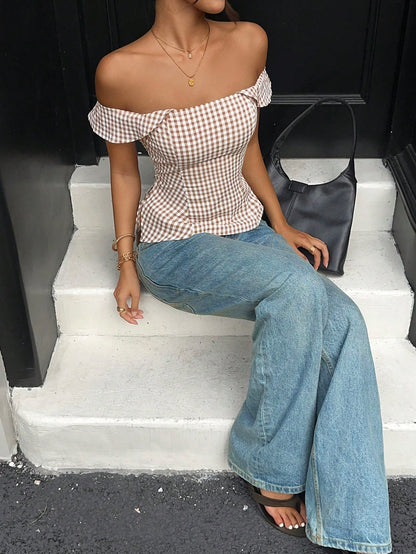 PariChic Women's Elegant Gingham Off Shoulder Crop Top,Side Drawstring Ruched Slim Fit Blouse,Fitted Top For Summer Streetwear,Casual Dates And Daily Matching