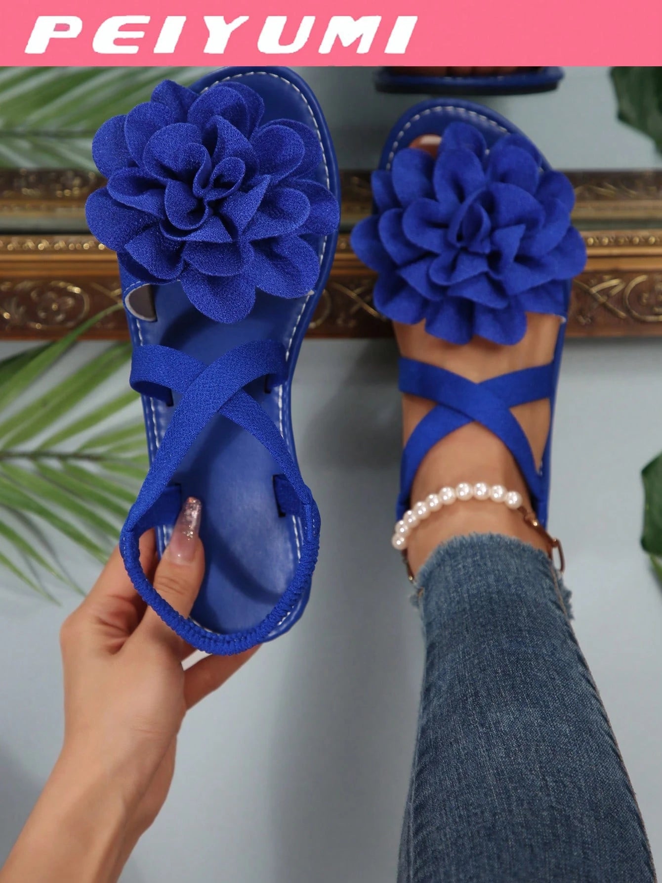 PEIYUMI Summer Women's DIY Flower Decor Criss-Cross Strappy Sandals, Beach Casual Party