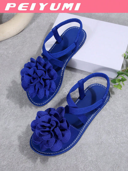 PEIYUMI Summer Women's DIY Flower Decor Criss-Cross Strappy Sandals, Beach Casual Party