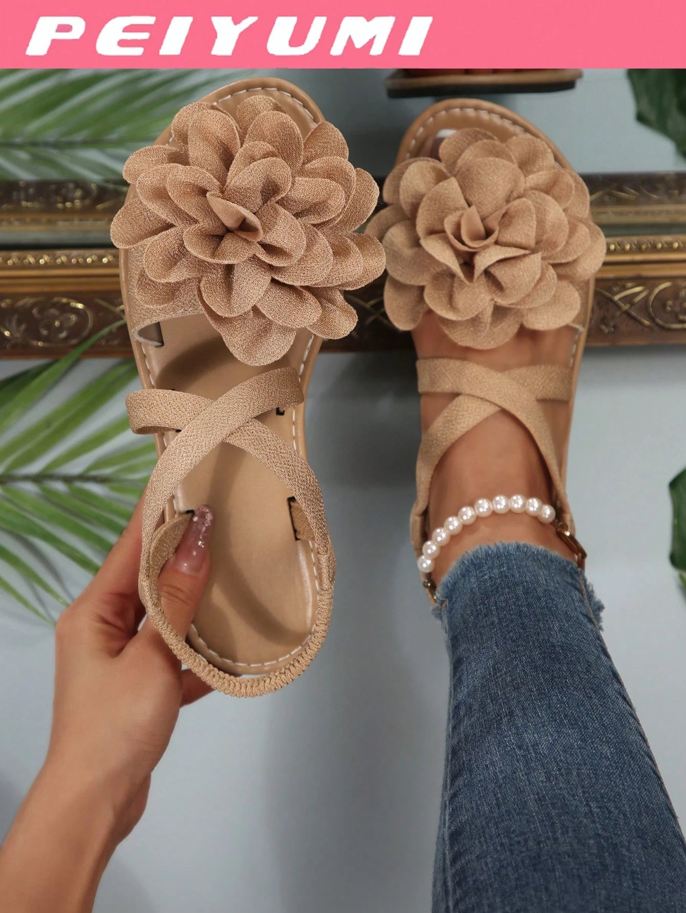 PEIYUMI Summer Women's DIY Flower Decor Criss-Cross Strappy Sandals, Beach Casual Party