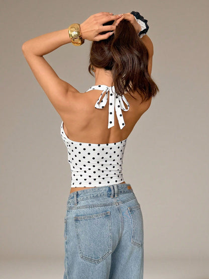 PETITE Summer White And Black Polka Dot Polka Dot Print Casual Sexy Halter Neck Top, Suitable For Brunch Night Out Vacation Club, Outing, Date, Commute