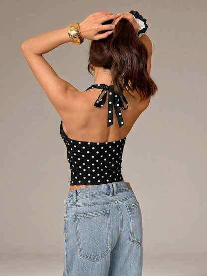 PETITE Summer White And Black Polka Dot Polka Dot Print Casual Sexy Halter Neck Top, Suitable For Brunch Night Out Vacation Club, Outing, Date, Commute