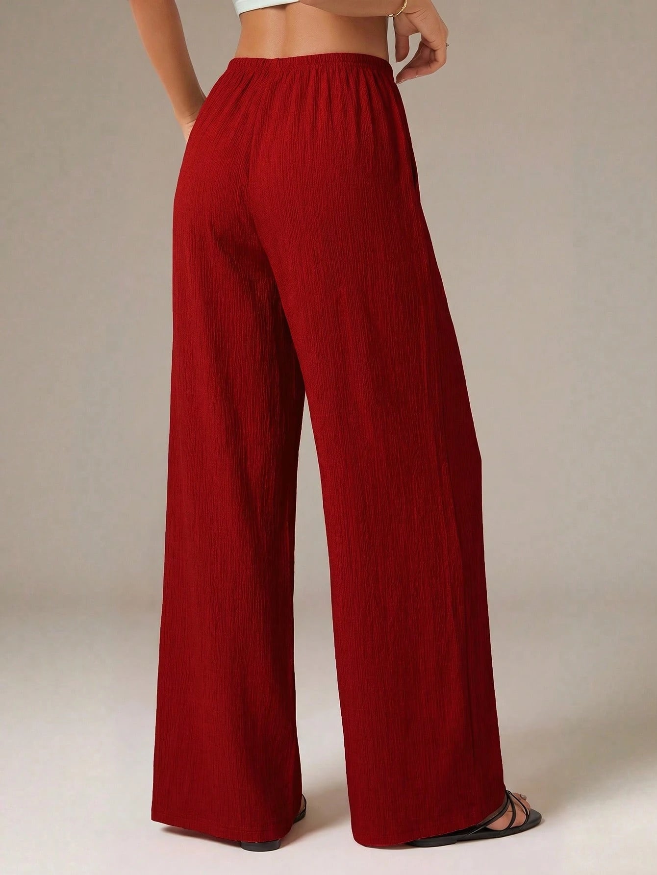 PETITE Women's Solid Color Tie Waist Wide Leg Loose Casual Versatile Pants,Petite Women Vacation Burgundy Red Summer Beach