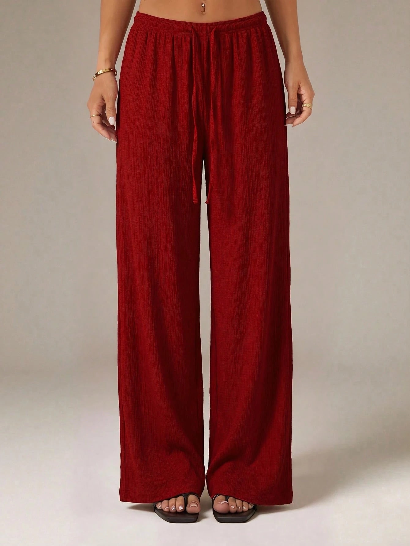 PETITE Women's Solid Color Tie Waist Wide Leg Loose Casual Versatile Pants,Petite Women Vacation Burgundy Red Summer Beach
