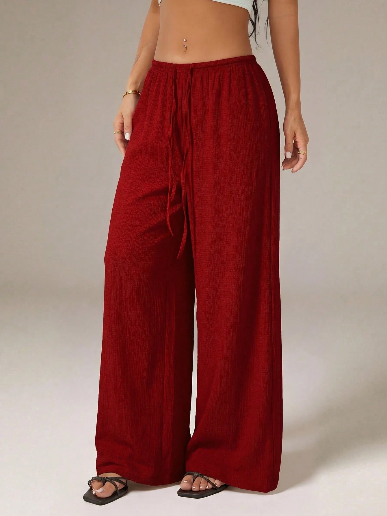 PETITE Women's Solid Color Tie Waist Wide Leg Loose Casual Versatile Pants,Petite Women Vacation Burgundy Red Summer Beach