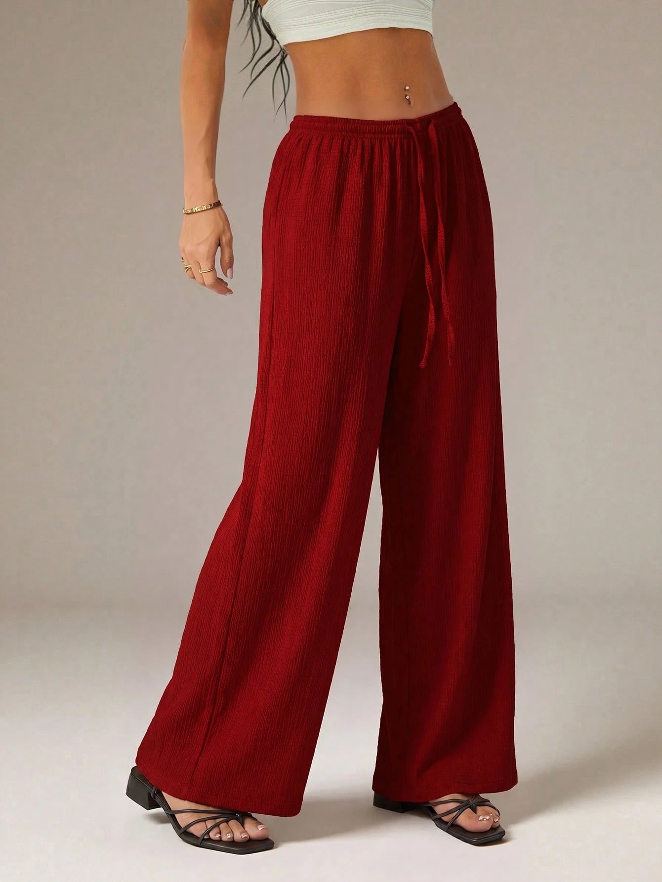 PETITE Women's Solid Color Tie Waist Wide Leg Loose Casual Versatile Pants,Petite Women Vacation Burgundy Red Summer Beach