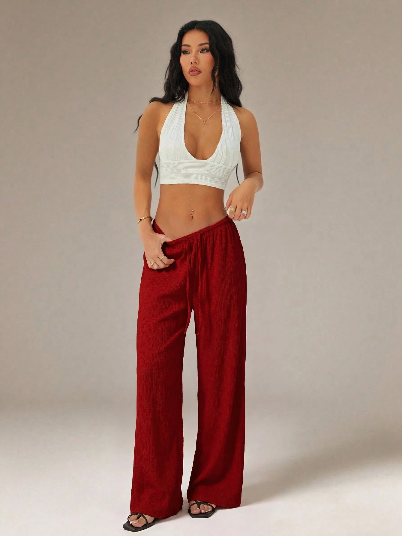 PETITE Women's Solid Color Tie Waist Wide Leg Loose Casual Versatile Pants,Petite Women Vacation Burgundy Red Summer Beach