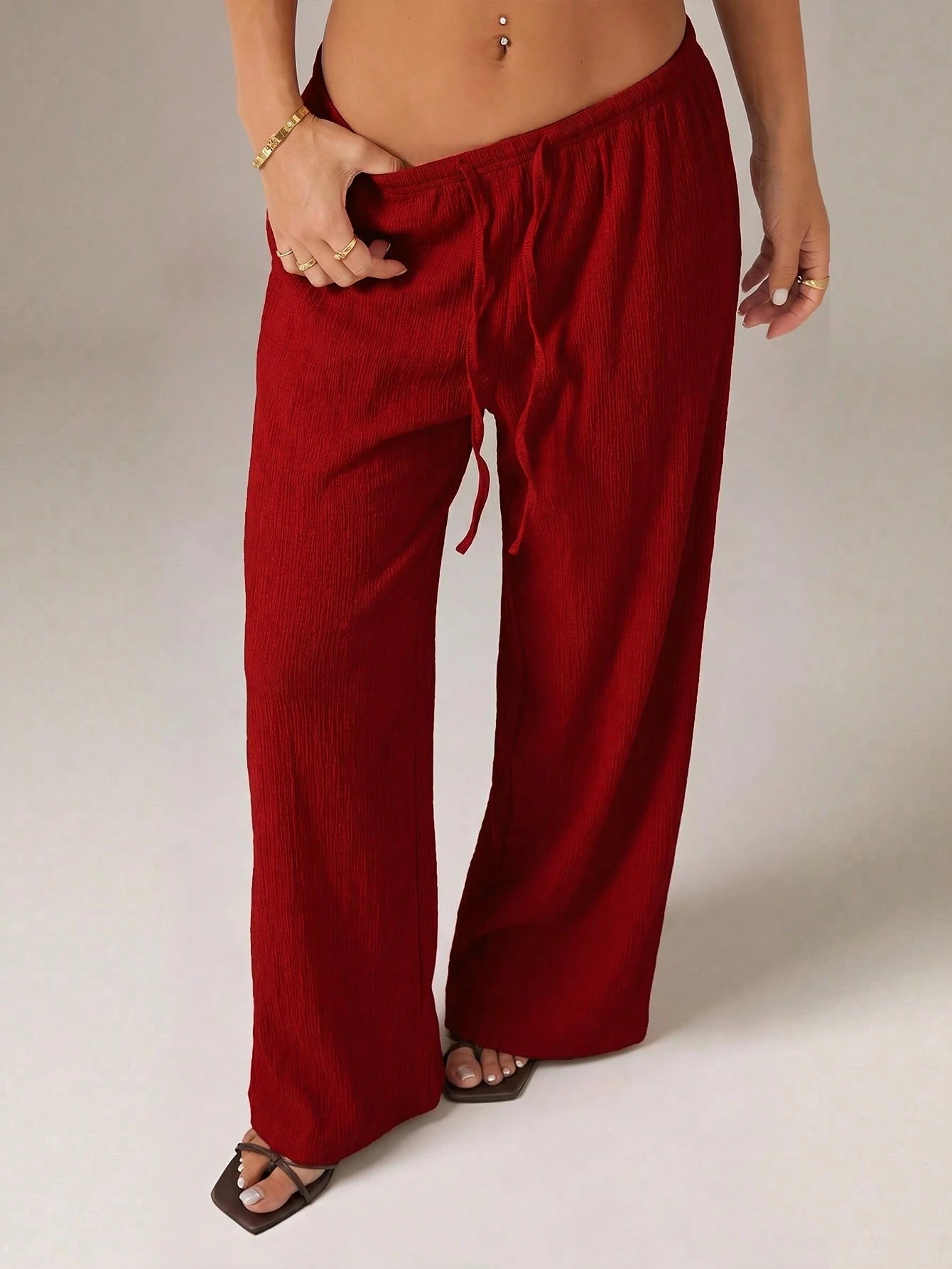PETITE Women's Solid Color Tie Waist Wide Leg Loose Casual Versatile Pants,Petite Women Vacation Burgundy Red Summer Beach