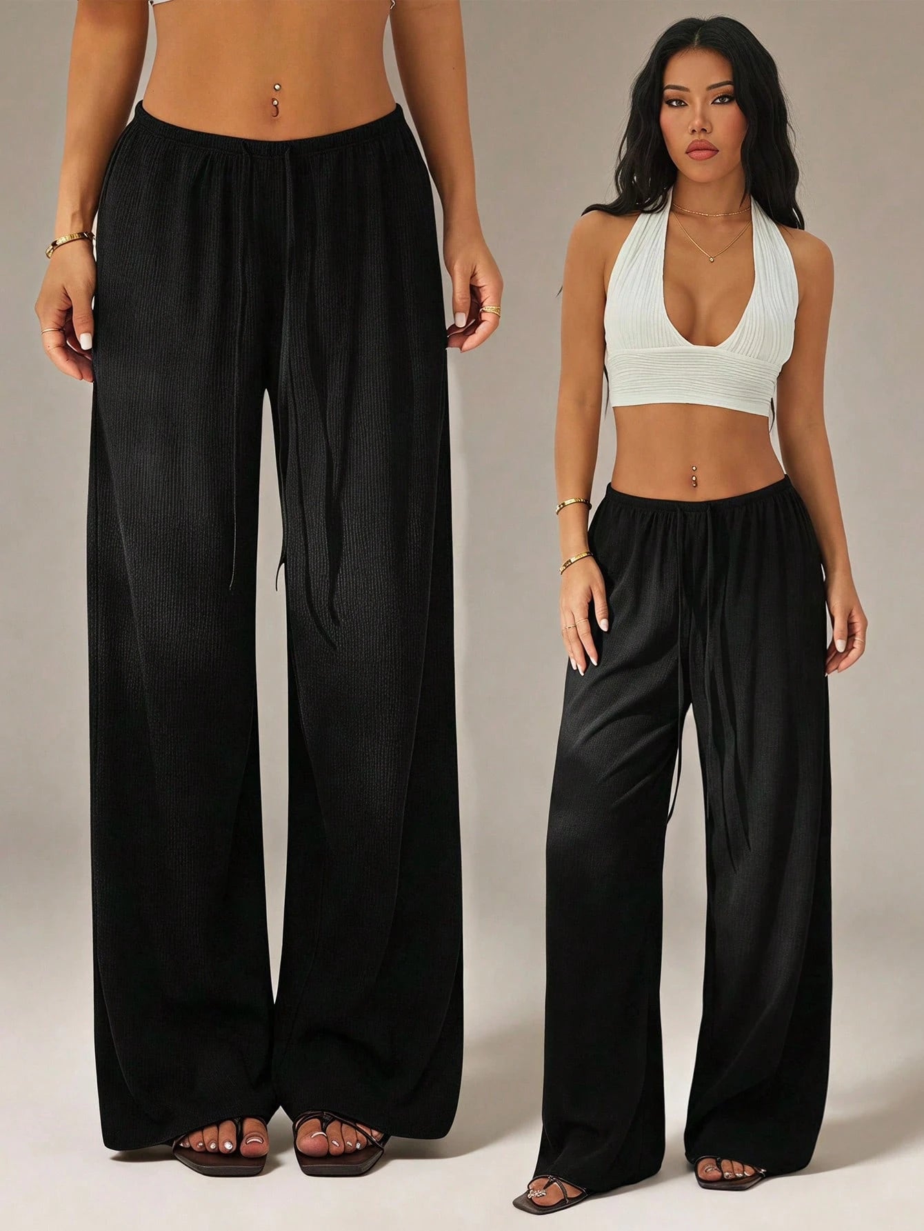 PETITE Women's Solid Color Tie Waist Wide Leg Loose Casual Versatile Pants,Petite Women Vacation Burgundy Red Summer Beach