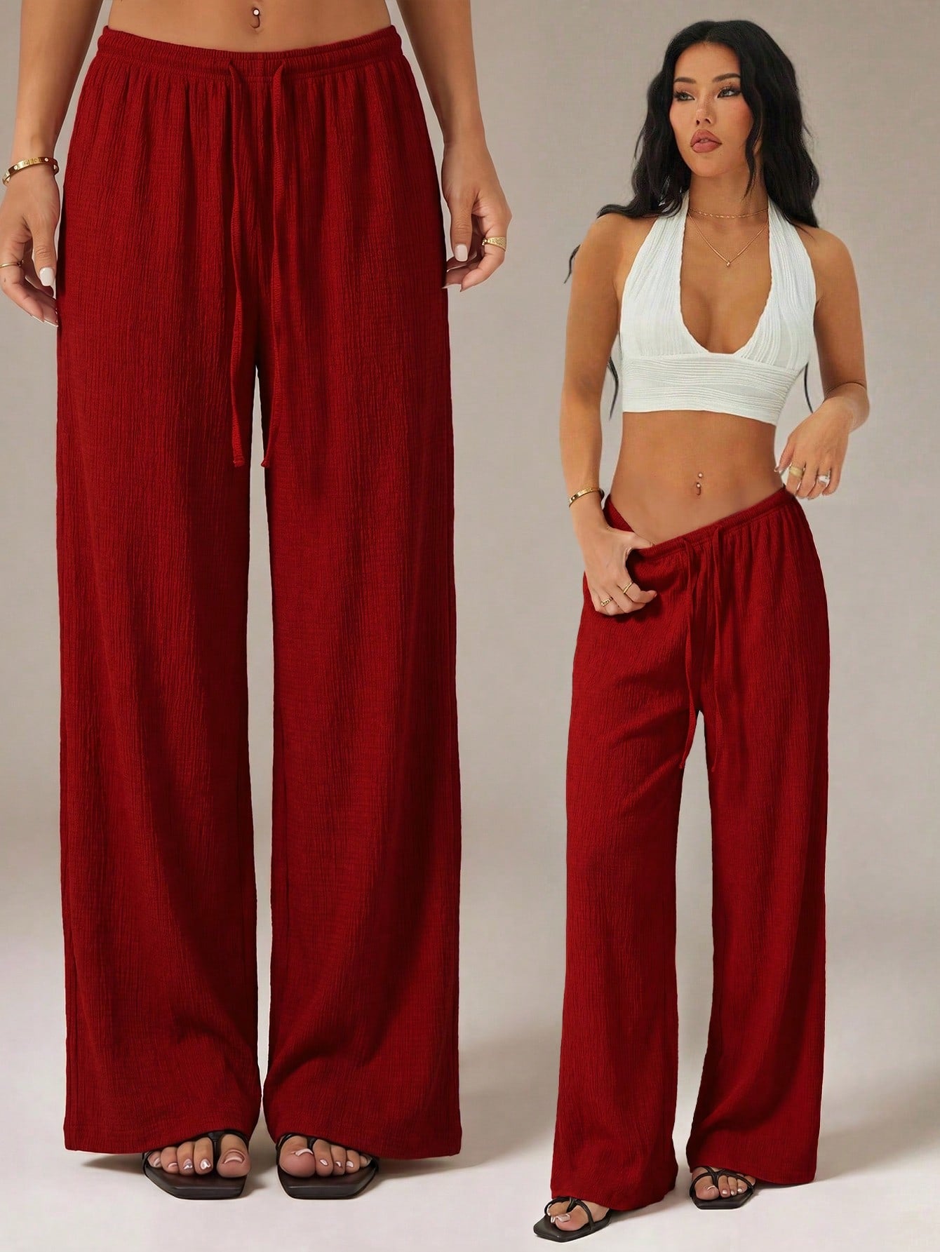 PETITE Women's Solid Color Tie Waist Wide Leg Loose Casual Versatile Pants,Petite Women Vacation Burgundy Red Summer Beach