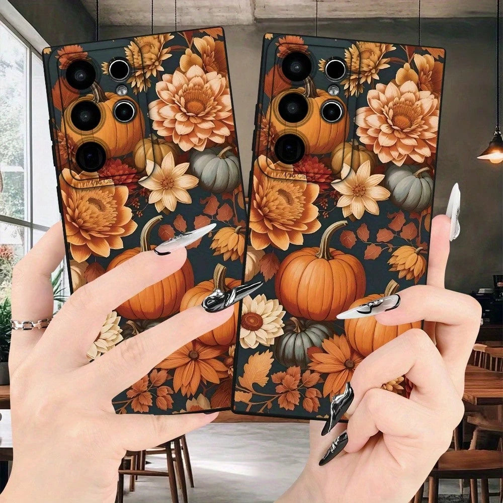 Phone Case: Autumn Country Style Pumpkin Floral Pattern Fashionable Matte Texture Phone Case For Men And Women, Comfortable Grip, Suitable For A13/A14/A25/A34/A52/A53/A54/A55/S20/S21/S22/S23/S24/S25 S