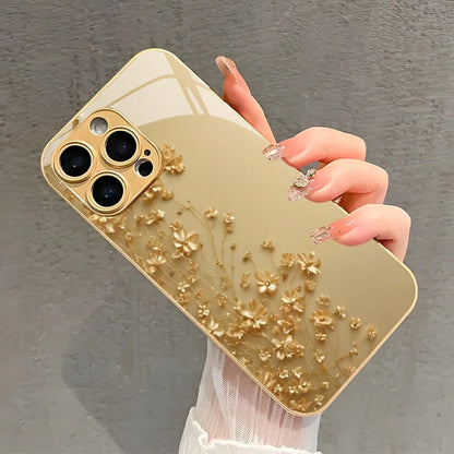 Phone Case- Exquisite And Elegant Golden Flower Print Pattern Metallic Paint Glass Phone Case For Iphone 17/16/16Pro/16Promax/16Plus/16E, 15/15Plus/15Pro/15Promax, 14/14Plus/14Pro/14Promax, 13/13Pro