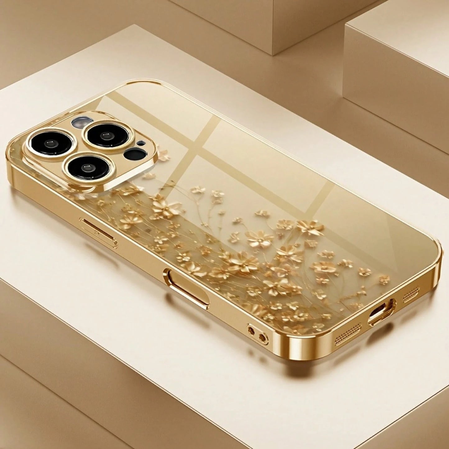 Phone Case- Exquisite And Elegant Golden Flower Print Pattern Metallic Paint Glass Phone Case For Iphone 17/16/16Pro/16Promax/16Plus/16E, 15/15Plus/15Pro/15Promax, 14/14Plus/14Pro/14Promax, 13/13Pro