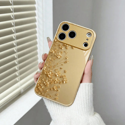 Phone Case- Exquisite And Elegant Golden Flower Print Pattern Metallic Paint Glass Phone Case For Iphone 17/16/16Pro/16Promax/16Plus/16E, 15/15Plus/15Pro/15Promax, 14/14Plus/14Pro/14Promax, 13/13Pro