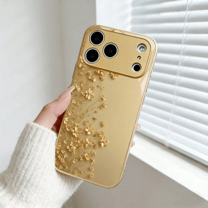 Phone Case- Exquisite And Elegant Golden Flower Print Pattern Metallic Paint Glass Phone Case For Iphone 17/16/16Pro/16Promax/16Plus/16E, 15/15Plus/15Pro/15Promax, 14/14Plus/14Pro/14Promax, 13/13Pro