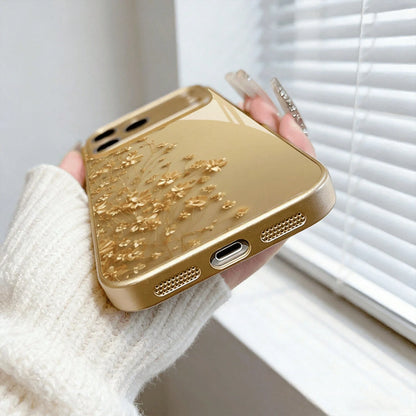 Phone Case- Exquisite And Elegant Golden Flower Print Pattern Metallic Paint Glass Phone Case For Iphone 17/16/16Pro/16Promax/16Plus/16E, 15/15Plus/15Pro/15Promax, 14/14Plus/14Pro/14Promax, 13/13Pro