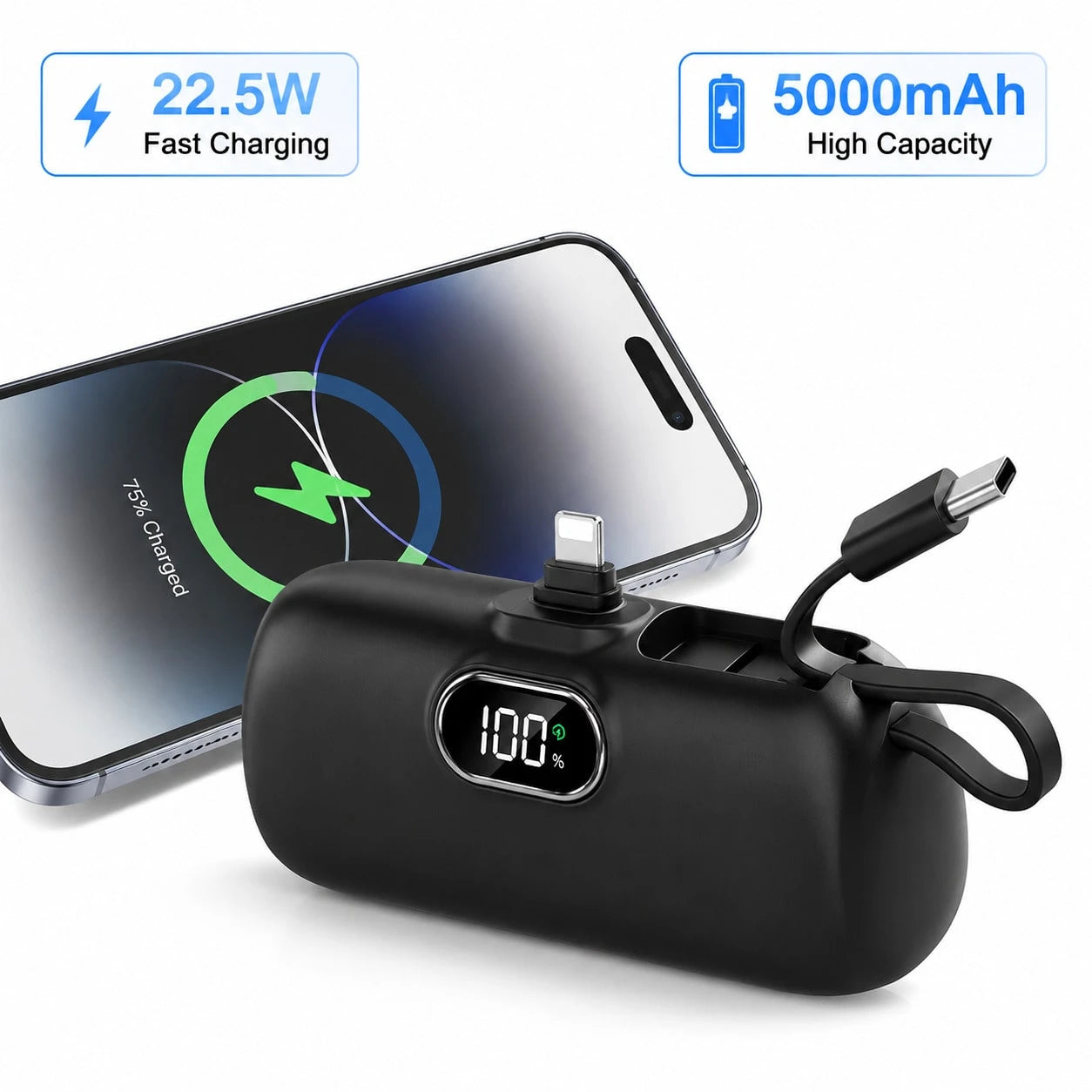 Pink 5000mAh Pocket Portable Charger With Lightning Connector, Integrated USB-C Cable And 22.5W Charging, With Digital Remaining-Power Display, Capsule-Style Case And Attached Lanyard For Portable Use