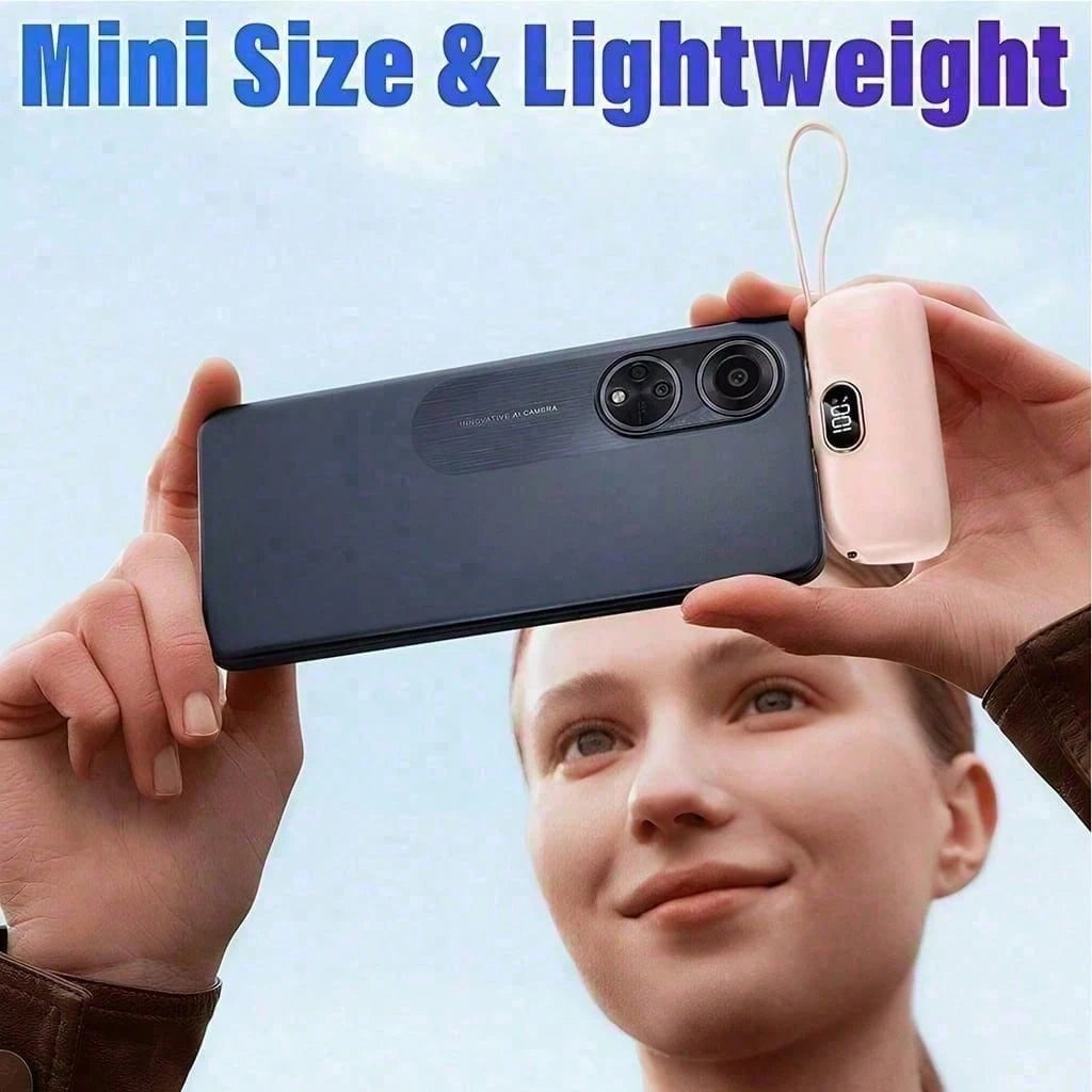 Pink 5000mAh Pocket Portable Charger With Lightning Connector, Integrated USB-C Cable And 22.5W Charging, With Digital Remaining-Power Display, Capsule-Style Case And Attached Lanyard For Portable Use