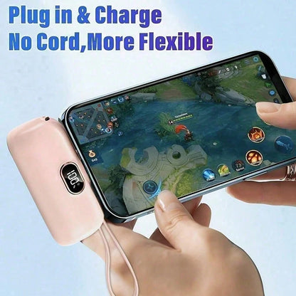 Pink 5000mAh Pocket Portable Charger With Lightning Connector, Integrated USB-C Cable And 22.5W Charging, With Digital Remaining-Power Display, Capsule-Style Case And Attached Lanyard For Portable Use