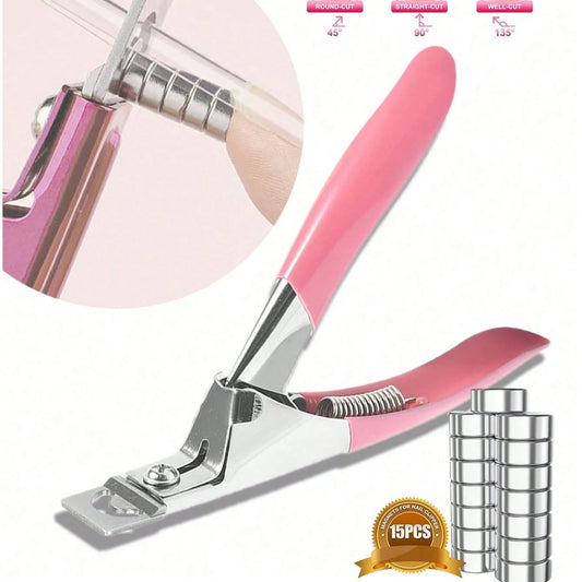 Pink Acrylic Nail Clipper With 15pcs Magnetic Length Gauges, Adjustable Fake Nail Tip Trimmer, Stainless Steel Blade, Suitable For Gel, Acrylic, Fake Nails And Nail Tips, Salon DIY Manicure Tool