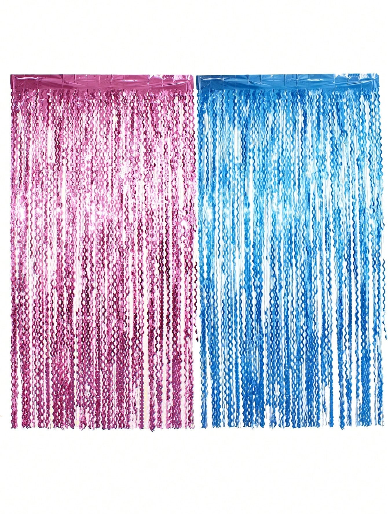 Pink And Blue Foil Fringe Curtain, Wavy Fringe Curtain, Suitable For Gender Reveal Party Decoration, Baby Shower Theme Boy Or Girl Backdrop, Photo Prop Supplies Set, Shiny Metallic Fringe Curtain Door