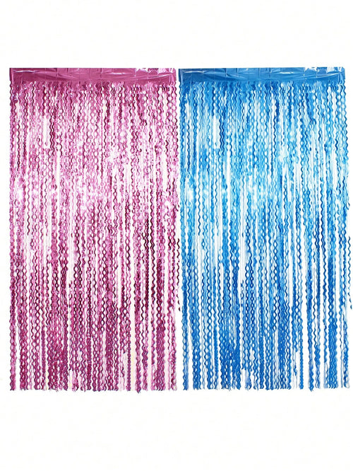 Pink And Blue Foil Fringe Curtain, Wavy Fringe Curtain, Suitable For Gender Reveal Party Decoration, Baby Shower Theme Boy Or Girl Backdrop, Photo Prop Supplies Set, Shiny Metallic Fringe Curtain Door