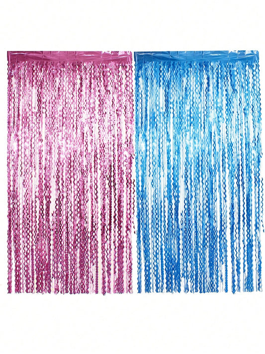 Pink And Blue Foil Fringe Curtain, Wavy Fringe Curtain, Suitable For Gender Reveal Party Decoration, Baby Shower Theme Boy Or Girl Backdrop, Photo Prop Supplies Set, Shiny Metallic Fringe Curtain Door