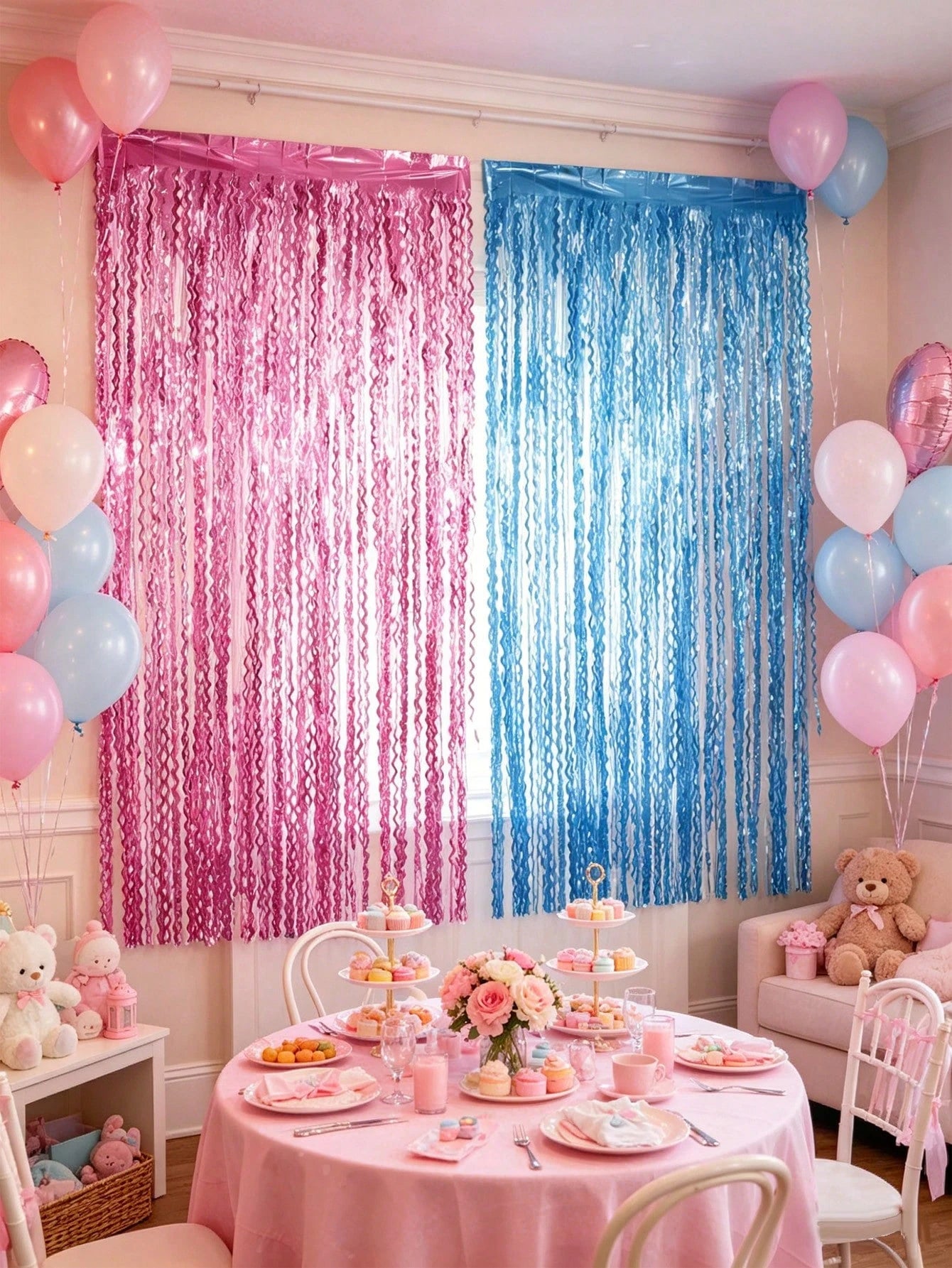Pink And Blue Foil Fringe Curtain, Wavy Fringe Curtain, Suitable For Gender Reveal Party Decoration, Baby Shower Theme Boy Or Girl Backdrop, Photo Prop Supplies Set, Shiny Metallic Fringe Curtain Door