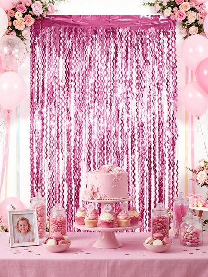 Pink And Blue Foil Fringe Curtain, Wavy Fringe Curtain, Suitable For Gender Reveal Party Decoration, Baby Shower Theme Boy Or Girl Backdrop, Photo Prop Supplies Set, Shiny Metallic Fringe Curtain Door