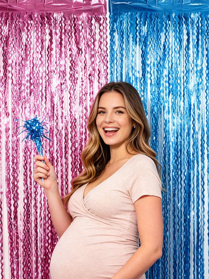 Pink And Blue Foil Fringe Curtain, Wavy Fringe Curtain, Suitable For Gender Reveal Party Decoration, Baby Shower Theme Boy Or Girl Backdrop, Photo Prop Supplies Set, Shiny Metallic Fringe Curtain Door