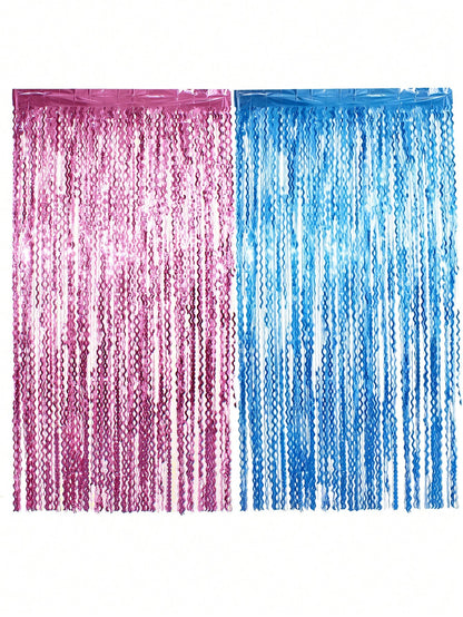 Pink And Blue Foil Fringe Curtain, Wavy Fringe Curtain, Suitable For Gender Reveal Party Decoration, Baby Shower Theme Boy Or Girl Backdrop, Photo Prop Supplies Set, Shiny Metallic Fringe Curtain Door
