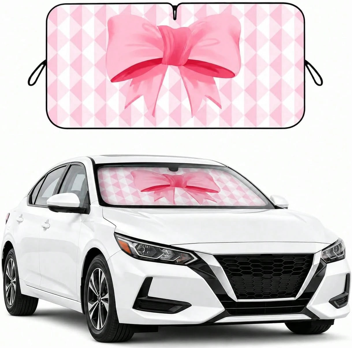 Pink Bow Car Windshield Sun Shade For Women, Cute Front Window Sunshade For Small Cars, Girly Pink Plaid Car Accessories For Sedan Compact Car- 59 X 27.5