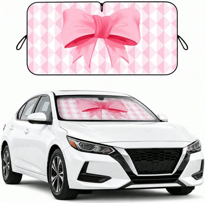 Pink Bow Car Windshield Sun Shade For Women, Cute Front Window Sunshade For Small Cars, Girly Pink Plaid Car Accessories For Sedan Compact Car- 59 X 27.5