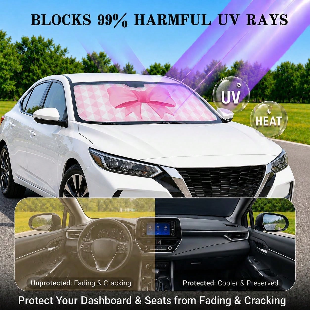 Pink Bow Car Windshield Sun Shade For Women, Cute Front Window Sunshade For Small Cars, Girly Pink Plaid Car Accessories For Sedan Compact Car- 59 X 27.5