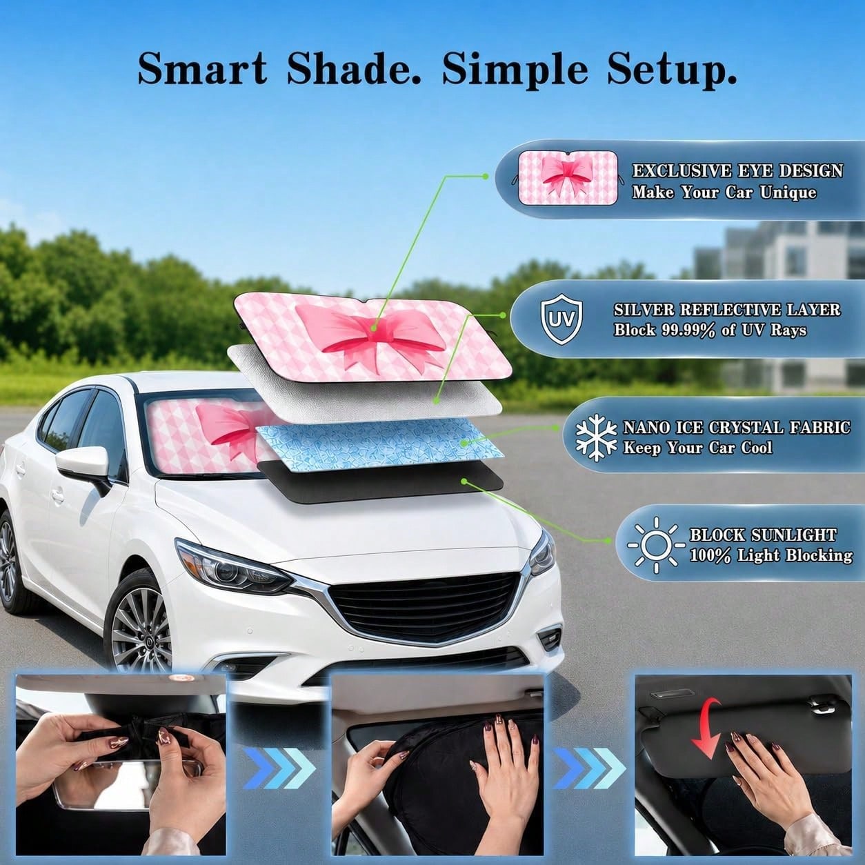Pink Bow Car Windshield Sun Shade For Women, Cute Front Window Sunshade For Small Cars, Girly Pink Plaid Car Accessories For Sedan Compact Car- 59 X 27.5