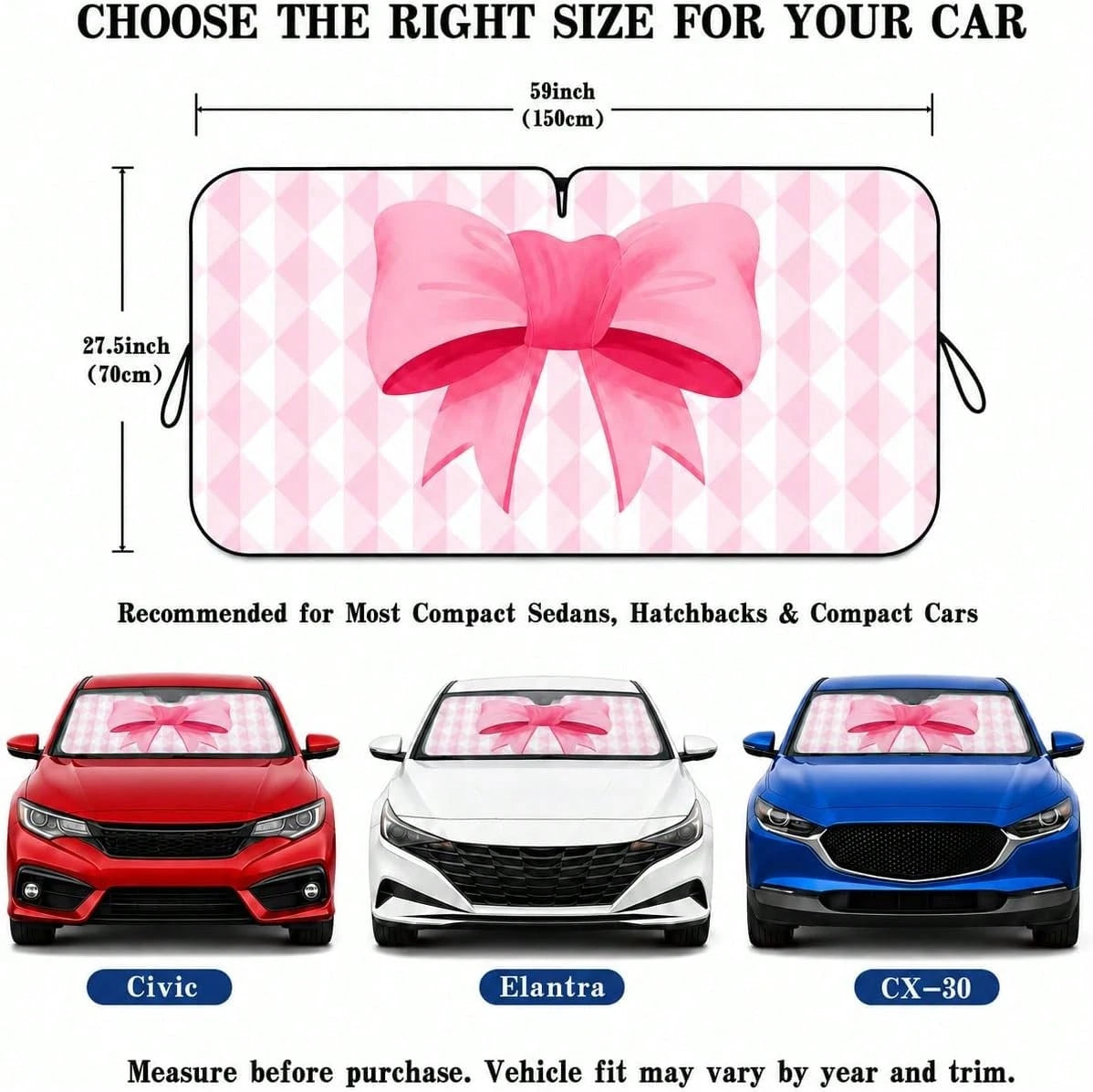 Pink Bow Car Windshield Sun Shade For Women, Cute Front Window Sunshade For Small Cars, Girly Pink Plaid Car Accessories For Sedan Compact Car- 59 X 27.5