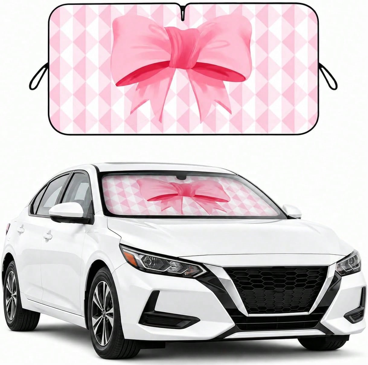 Pink Bow Car Windshield Sun Shade For Women, Cute Front Window Sunshade For Small Cars, Girly Pink Plaid Car Accessories For Sedan Compact Car- 59 X 27.5