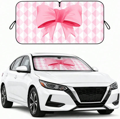 Pink Bow Car Windshield Sun Shade For Women, Cute Front Window Sunshade For Small Cars, Girly Pink Plaid Car Accessories For Sedan Compact Car- 59 X 27.5
