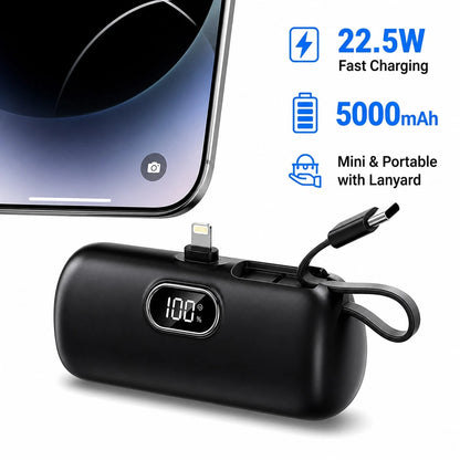 Pink Capsule 5000mAh Portable Battery With Lightning Connector, Built-In USB-C Cable And 22.5W Charging, With Digital Remaining-Power Display, Capsule-Style Case And Attached Lanyard For Portable Use