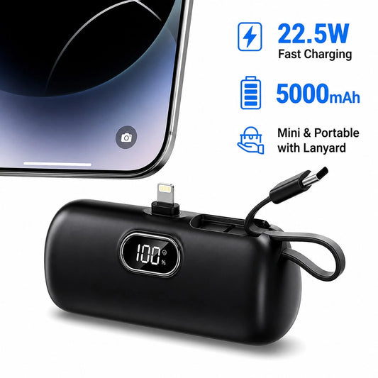 Pink Capsule 5000mAh Portable Battery With Lightning Connector, Built-In USB-C Cable And 22.5W Charging, With Digital Remaining-Power Display, Capsule-Style Case And Attached Lanyard For Portable Use