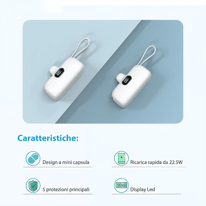 Pink Capsule 5000mAh Portable Battery With Lightning Connector, Built-In USB-C Cable And 22.5W Charging, With Digital Remaining-Power Display, Capsule-Style Case And Attached Lanyard For Portable Use