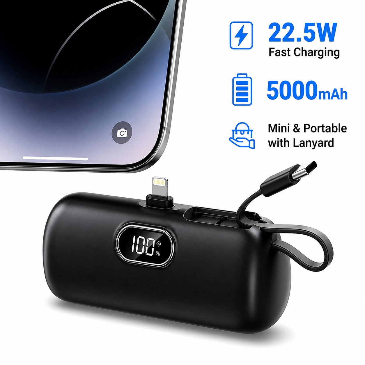 Pink Capsule 5000mAh Portable Battery With Lightning Connector, Built-In USB-C Cable And 22.5W Charging, With Digital Remaining-Power Display, Capsule-Style Case And Attached Lanyard For Portable Use