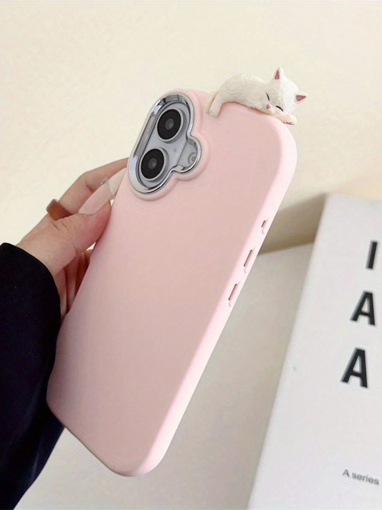 Pink & Light Blue Cute Cat Pendant Phone Case- Compatible With Apple 16/15/14/13/12, Transsion And More, Kawai Light Blue/Pink Matte Phone Case With 3D Lying Cat Decor & Silver Camera Bump Shockproof