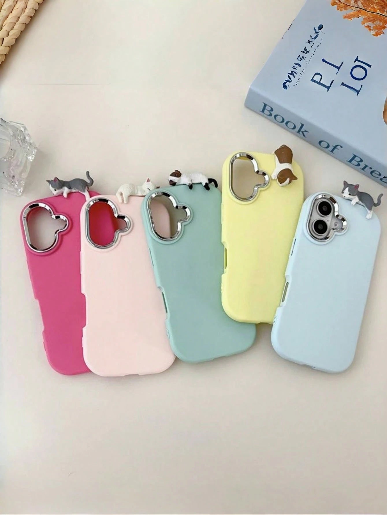 Pink & Light Blue Cute Cat Pendant Phone Case- Compatible With Apple 16/15/14/13/12, Transsion And More, Kawai Light Blue/Pink Matte Phone Case With 3D Lying Cat Decor & Silver Camera Bump Shockproof