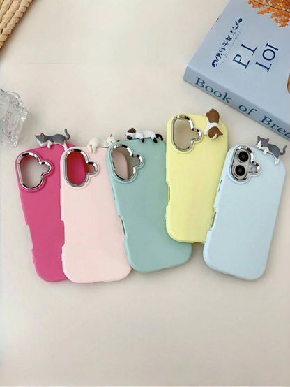 Pink & Light Blue Cute Cat Pendant Phone Case- Compatible With Apple 16/15/14/13/12, Transsion And More, Kawai Light Blue/Pink Matte Phone Case With 3D Lying Cat Decor & Silver Camera Bump Shockproof