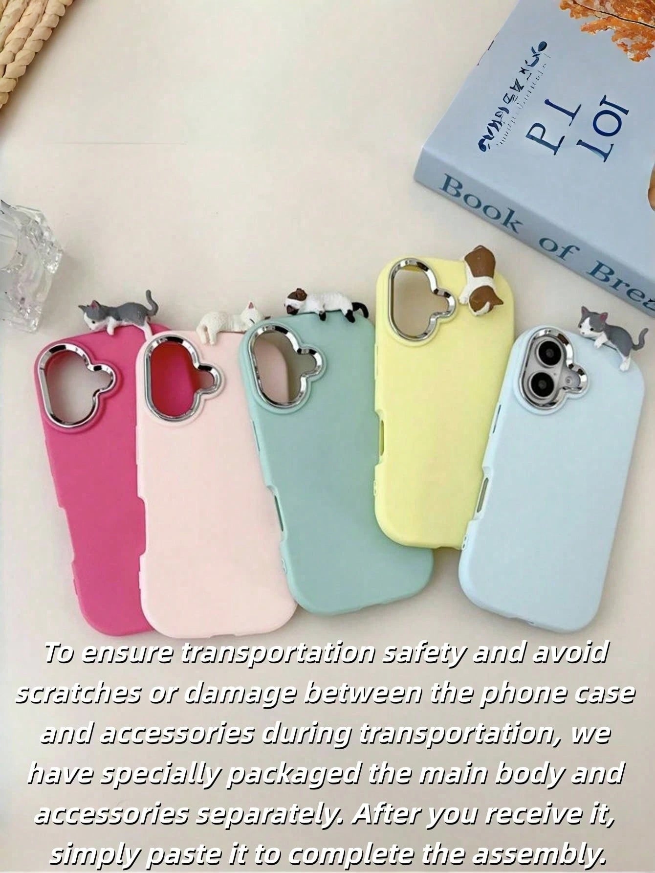 Pink & Light Blue Cute Cat Pendant Phone Case- Compatible With Apple 16/15/14/13/12, Transsion And More, Kawai Light Blue/Pink Matte Phone Case With 3D Lying Cat Decor & Silver Camera Bump Shockproof